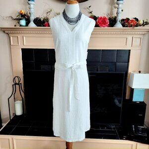 Liz Claiborne White Eyelet A-Line Dress XL Belt Lined Sleeveless V Neck Pockets
